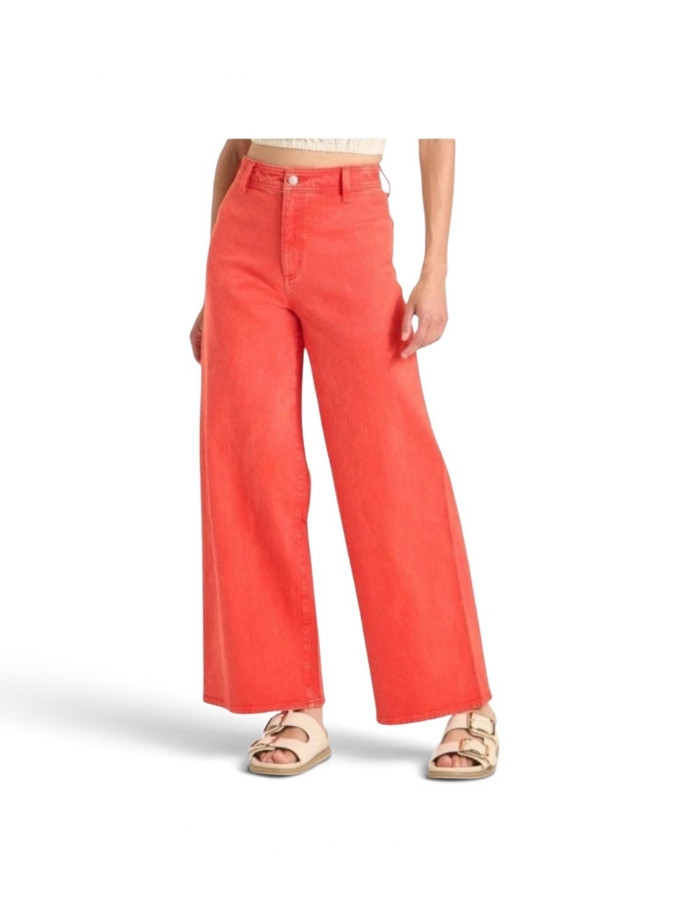 Wide Leg Cotton Jeans - Red/ Coral High Rise Size 16